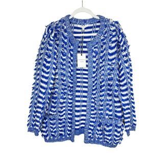 Endless Rose Open Front Striped Fringe Cardigan Sweater Small Medium Blue White